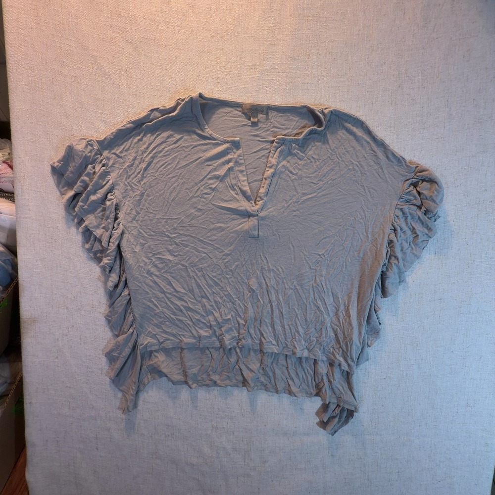 Wonderly V-Neck Ruffle Top Light Blue Boho Hi-Low Women's Size Small